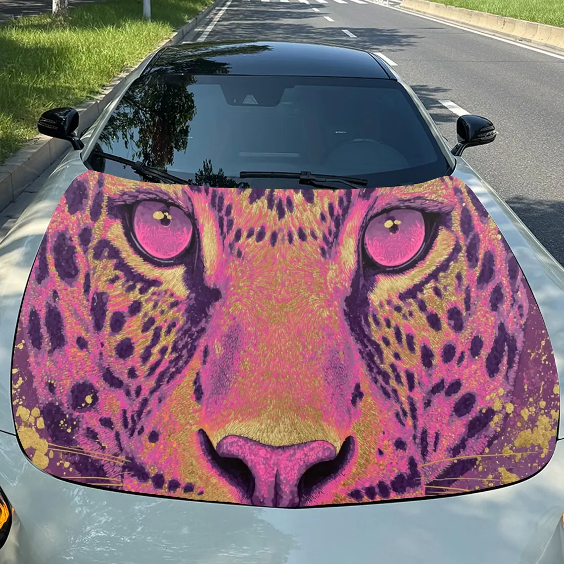 

Enchanting Leopard Close - up with Purple Eyes PVC Car Engine Hood Vinyl Wraps, Self-Adhesive Waterproof Car Hood Decal Sticker,