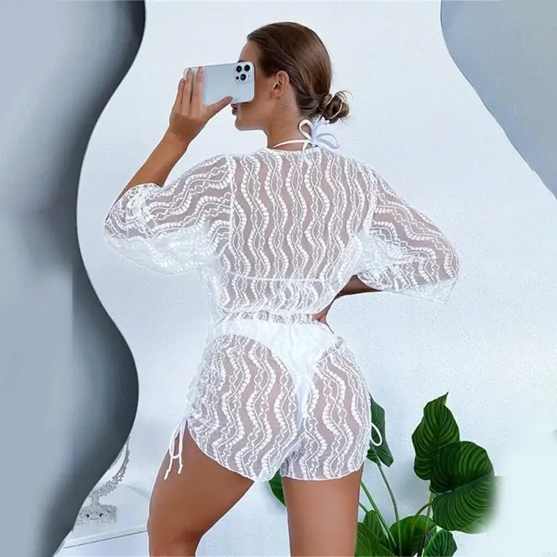 Womens Solid Swimsuits Bathing Suit 3 Pieces Bikinis Set with Lace Up Cover Up