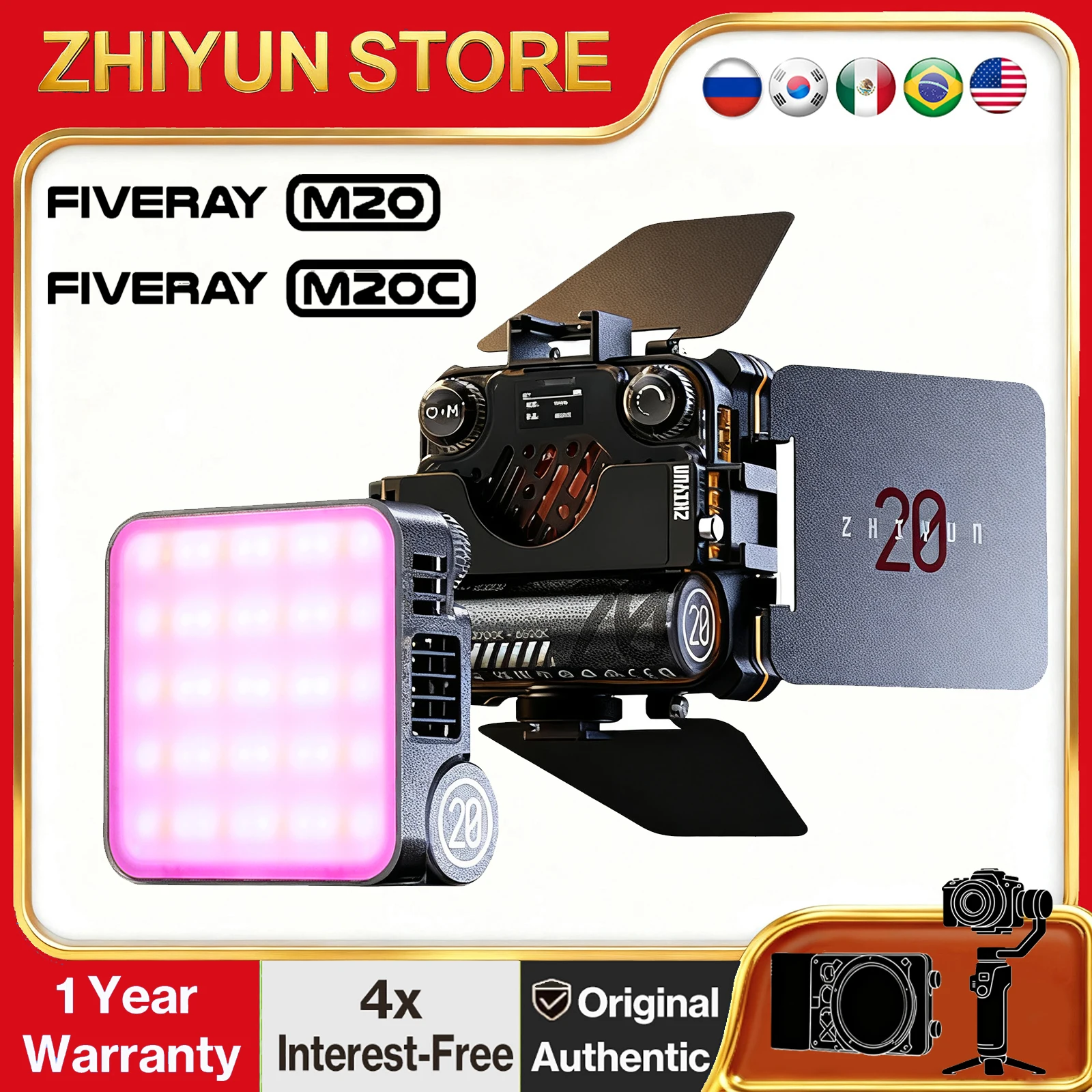 Zhiyun fiveway m20 bicolor m20c rgb 20w led luz de vídeo 2500k-10000k app controle luz de preenchimento para ins youtube vlog streaming ao vivo