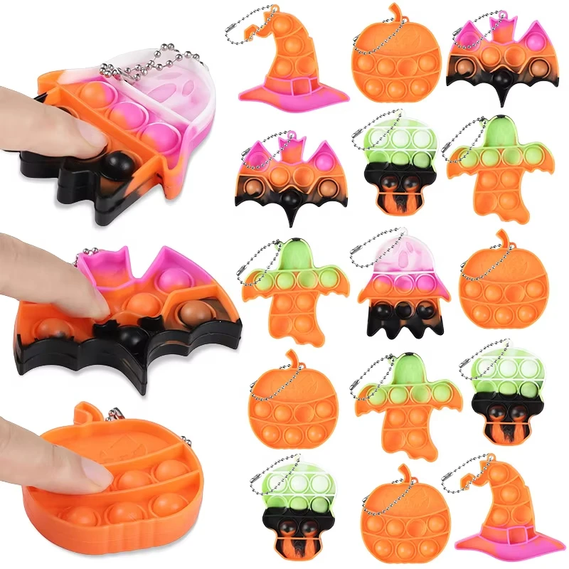 Halloween Pop Fidget Toy Keychain Pumpkin Ghost Bat Witch Hat Silicone Fidget Push Bubble Sensory Stress Relief Pendant Party