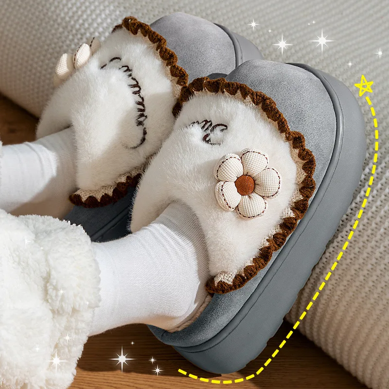 

New 5.5 cm thick plush slippers women sweet winter warm mules shoes female home fuzzy slipper lady flower fluffy room slides