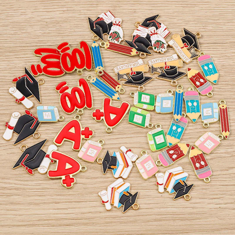 

10pcs Cute Enamel Graduation Charms Graduate Cap Pencil Charms Pendants for Jewelry Making Earrings Necklace DIY Crafts Supplies
