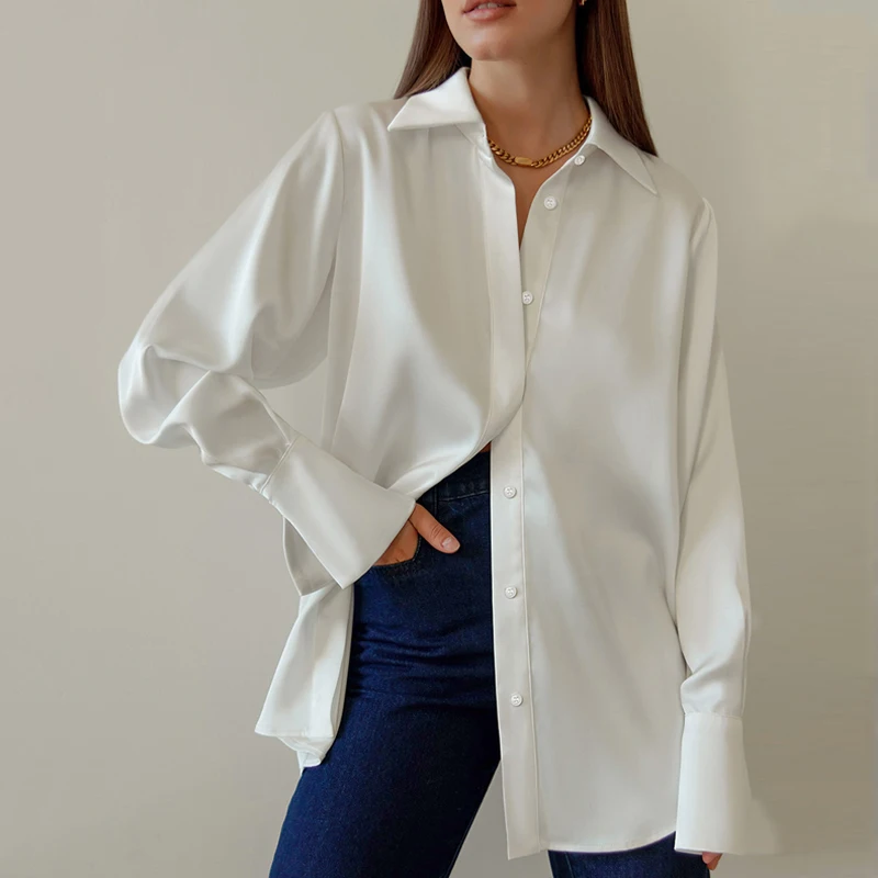 

Fashion Satin Office Lady White Shirt Autumn Solid Loose Casual Silk Blouse Women Long Sleeve Women's Tops Elegant Clothes 28697