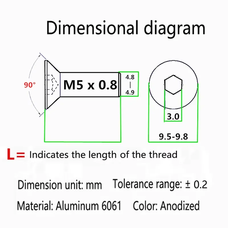 1Pcs Aluminum Flat Screws M5*L=6/8/10/12mm Flat Hex Hexagonal Socket Countersunk head Screws Bolts Anodized 10 Colours