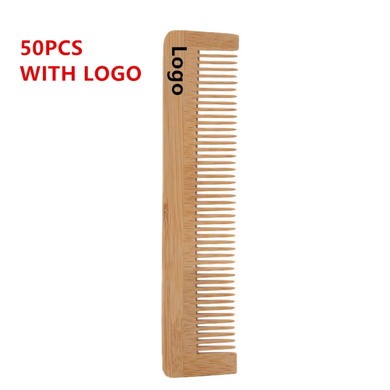 50Pcs Custom logo Wholesale Eco-friendly Bamboo Wood Wide Tooth Hair Comb For Hotel Supplies TraveL