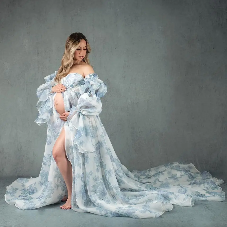 Blue Flower Printing Organza Tulle Maternity Dress for Photo Shoot Fotos Gowns Sexy Long Robe Nightgown Baby Shower Dresses