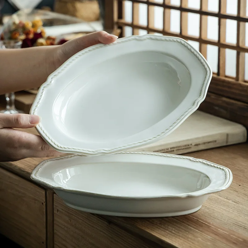 

French Retro Embossed Ceramic Dinner Plate Elegant Western Dish for Home Use Fish Steaming Fruit Salad Plate