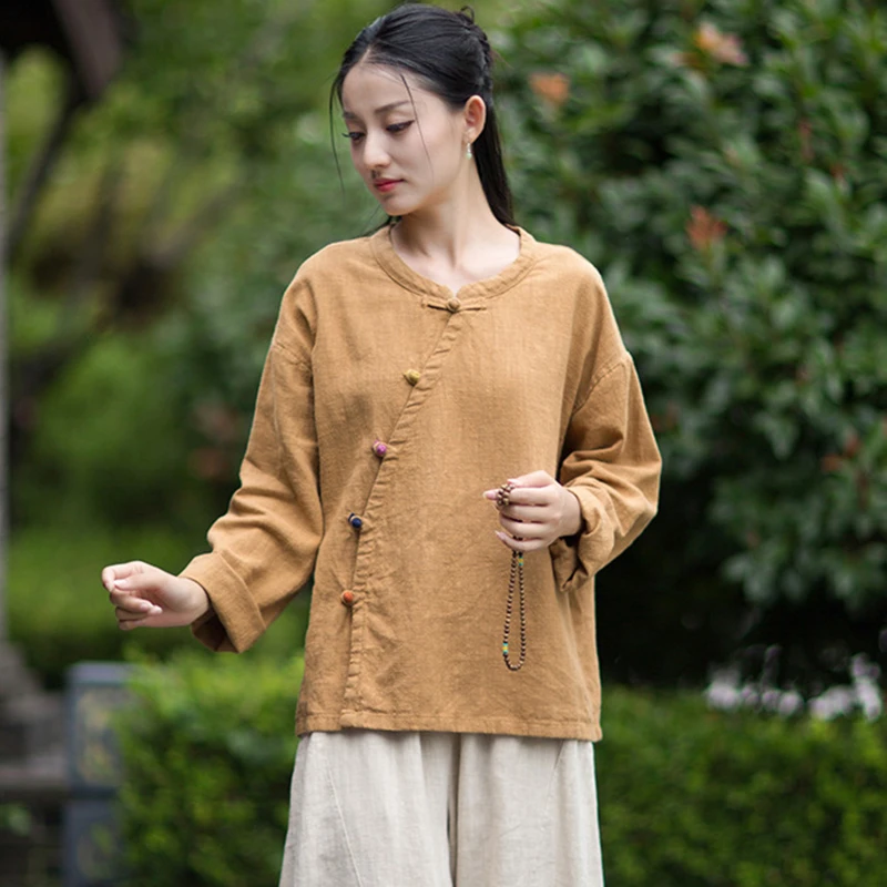 

Женская хлопково-льняная повседневная рубашка в китайском стиле, новинка 2025 года, осенние винтажные однотонные женские топы с круглым вырезом и длинными рукавами M1989