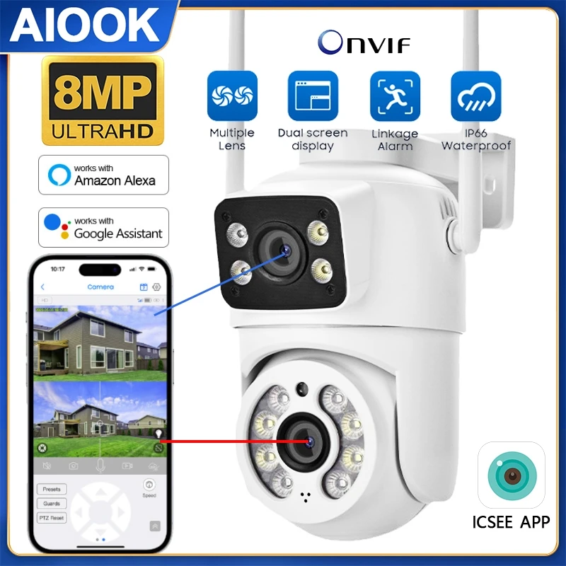 

AIOOK Outdoor ICSEE Camera WIFI HD 8MP 4K IP CCTV Waterproof Night Vision PTZ Camera Two-way Intercom Mobile Tracking Dual Lens