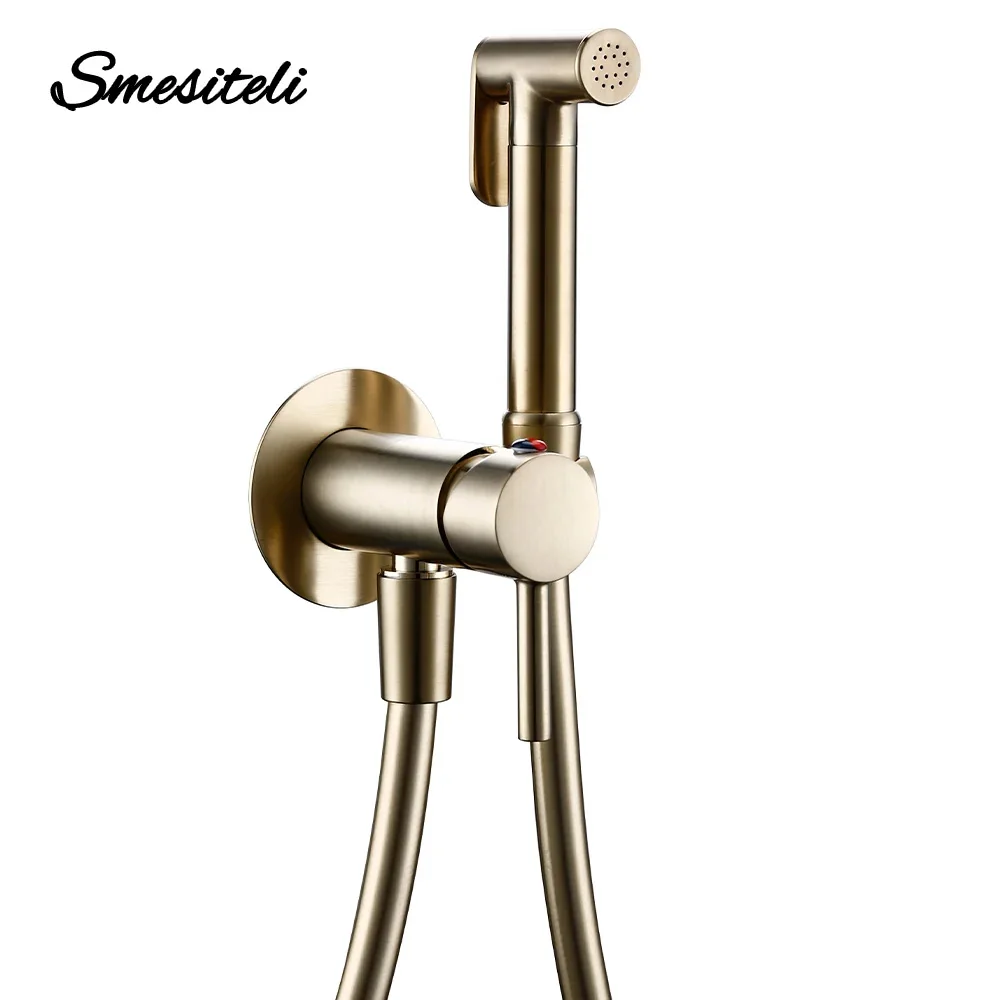 

Bidet Sprayer Faucet Bathroom Mixer Wall Mounted Hot And Cold Water With Hose Smesiteli Brushed Gold Brass Hand-held