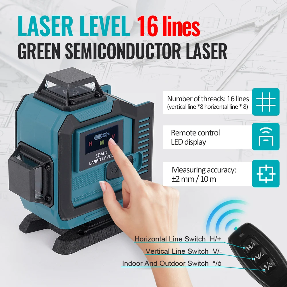 Hormy 4D 16 Lines Green Line Laser Level Remote control 360° Horizontal Vertical Measuring Laser Instrument Inclined Laser Level