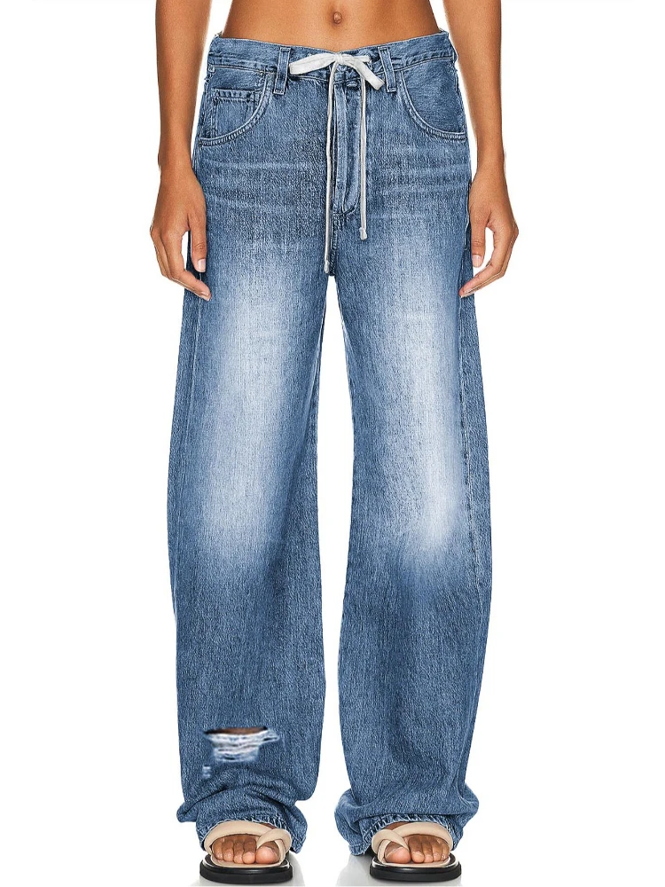 

2025 Summer casual loose wide Leg drawstring jeans women's pants street versatile straight Newjeans vintage Unisex Long trousers