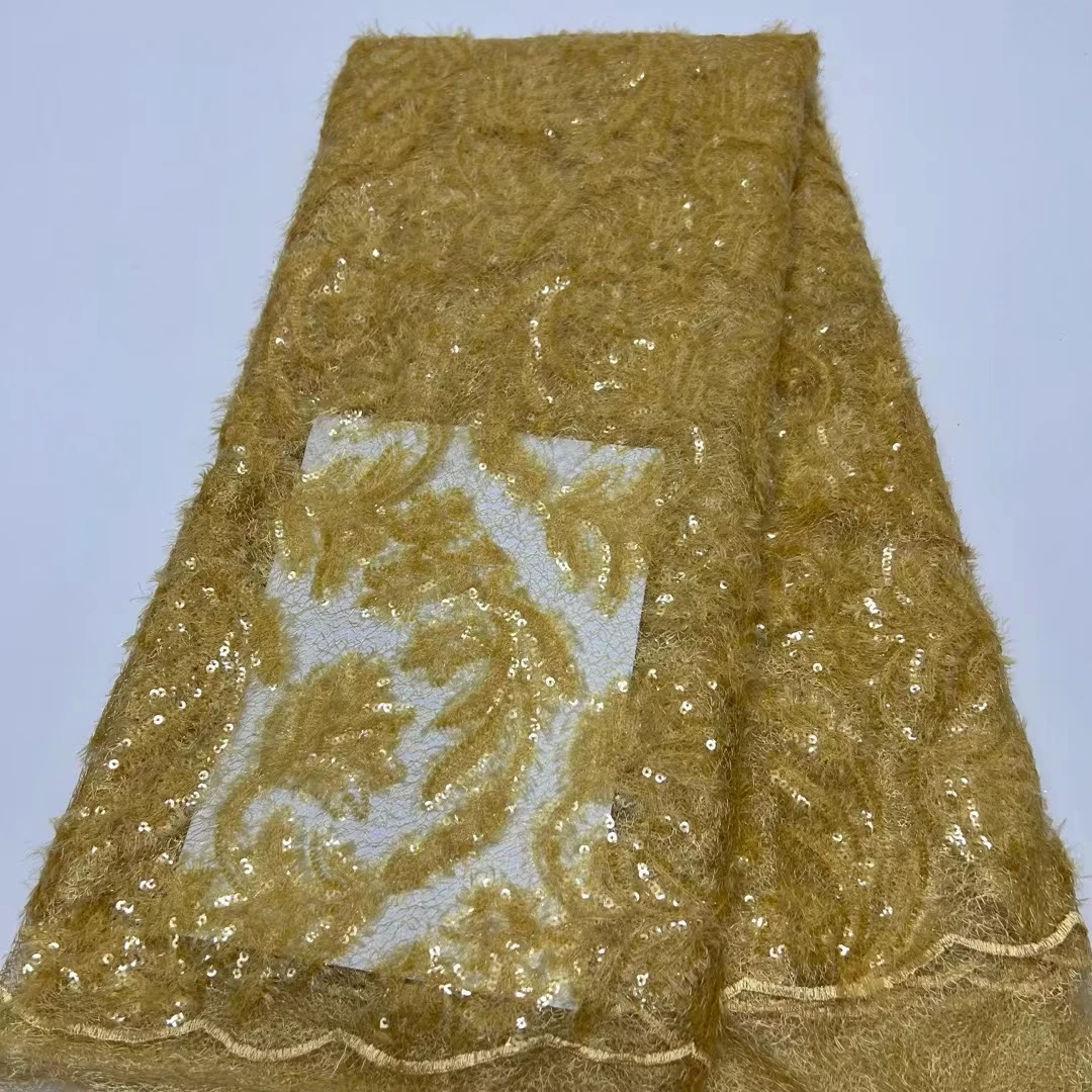

NRFN43 Gold color African net lace fabric with sequins,factory price embroidered French tulle lace for party & wedding dress