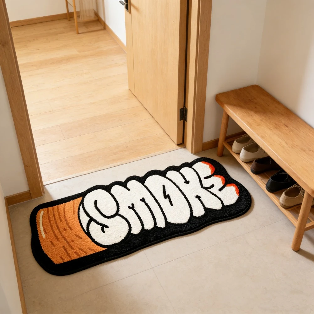 VIKAMA SMOKE Cigarette-Shaped Rectangular Rug, Hip-Hop-Style Bedroom Bedside Rug, Soft Plush Entryway Mat, Home Decor