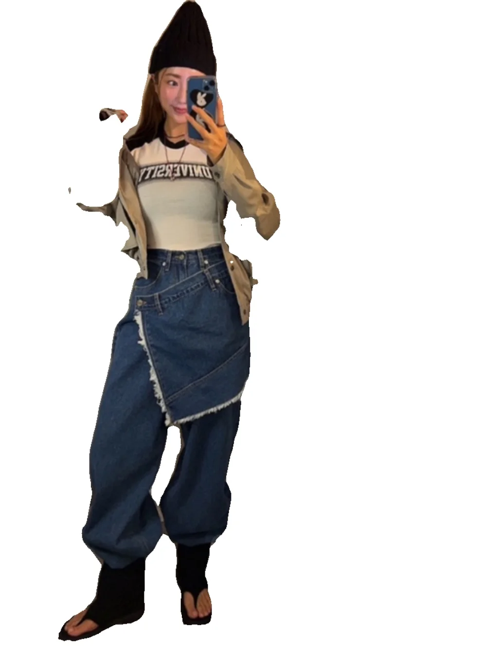 

Retro Waed Denim Casual Pants Women's High Waist Straight Leg Side Bule Waist Seal Loose Long Trousers Trendy