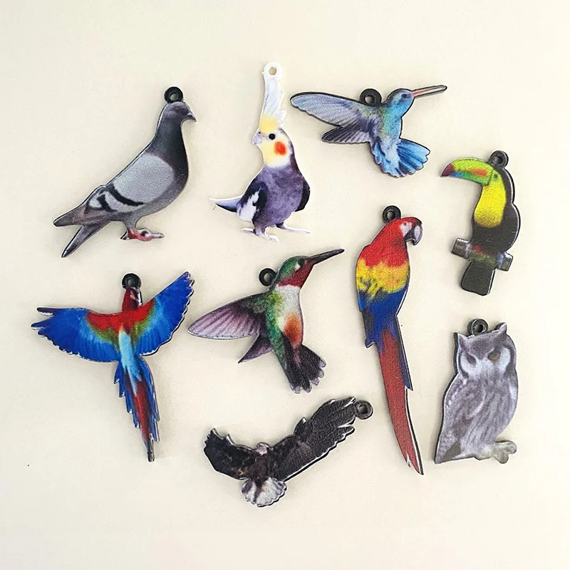 10pcs/Lots Bird Acrylic Earring Pendant Printed Cate Parrot Pigeon Sparrow Eagle Animal Charms For Bracelet Diy Jewelry Make