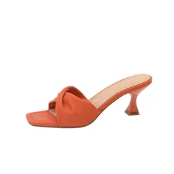 Square Toe Slippers Women Summer Low Slides Female Shoes Heeled Mules Fashion 2024 Block High Luxury Retro Pumps Rome PU Fabric