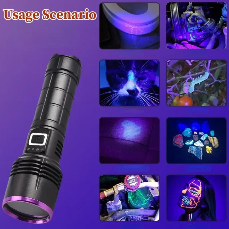 Powerful 365NM UV Flashlight Type-C Rechargeable Waterproof 26650 Purple Light for Pet Urine Stains Detector