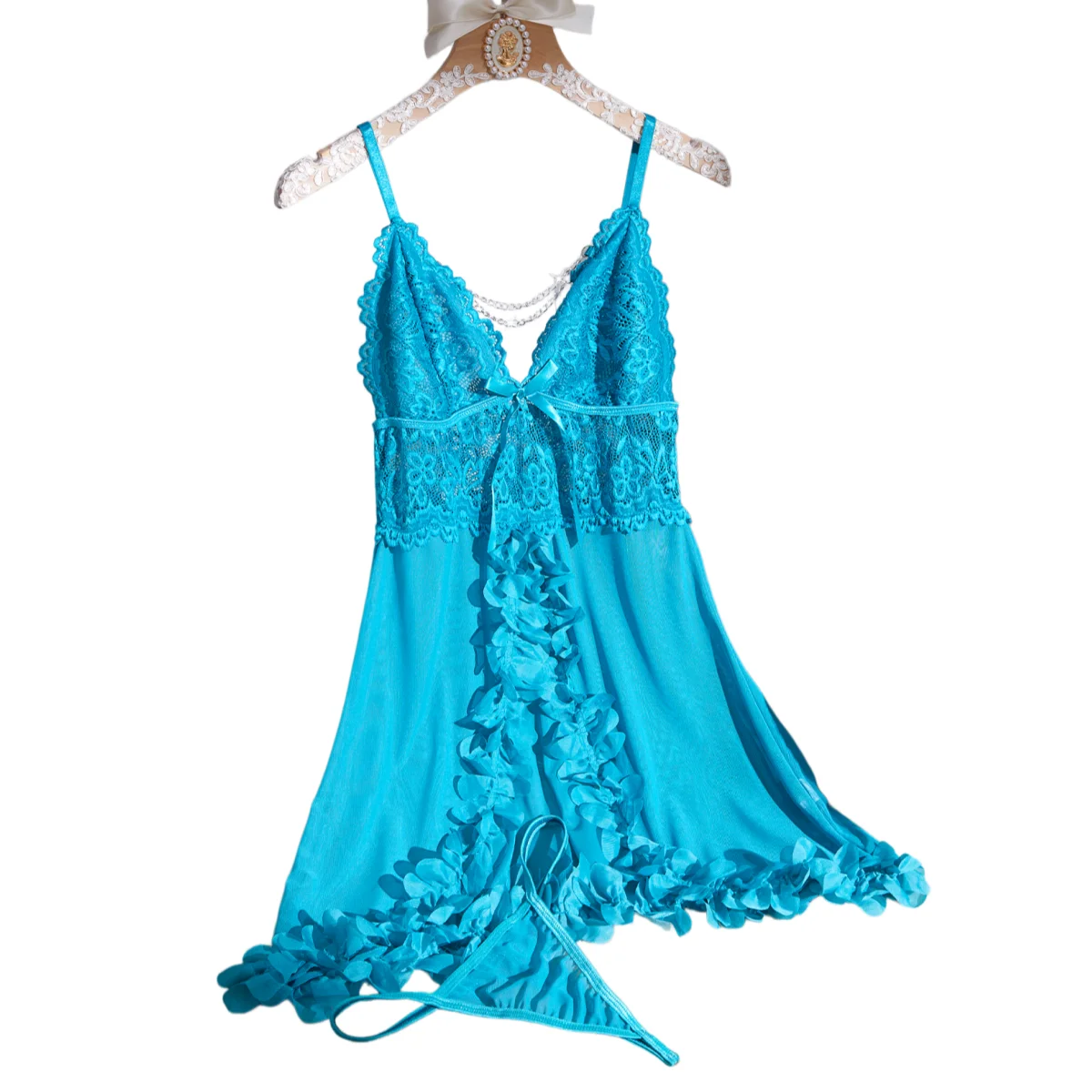 Women's Blue Lace Babydoll Lingerie Set - Deep V-Neck Spaghetti Strap Chemise With Matching Thong Nightgown