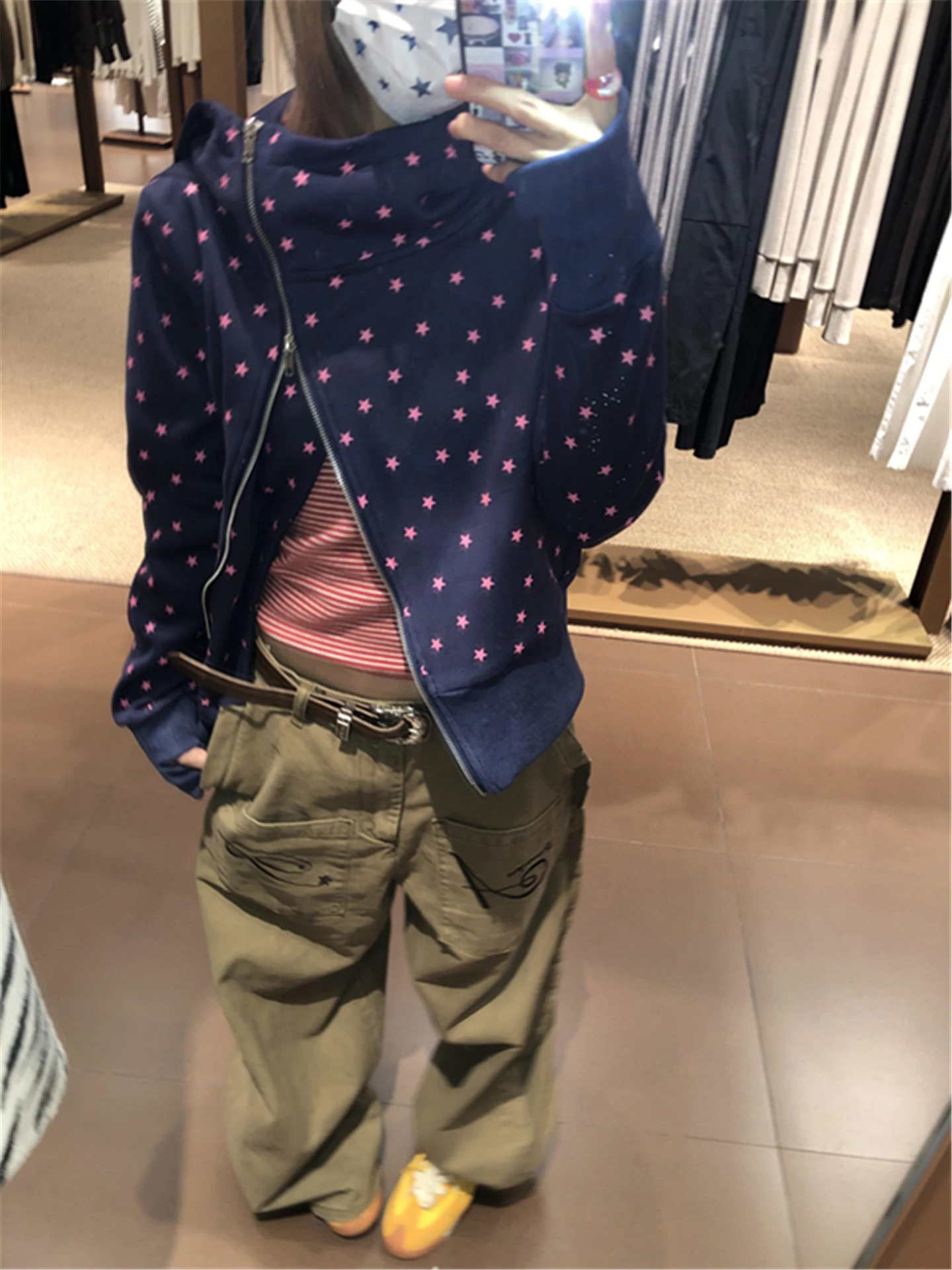 

Retro American Blue Star Print Hoodie Women's Loose Fit Short Outerwear Spring Autumn Fashionable Versatile Ladies Sweatshirt