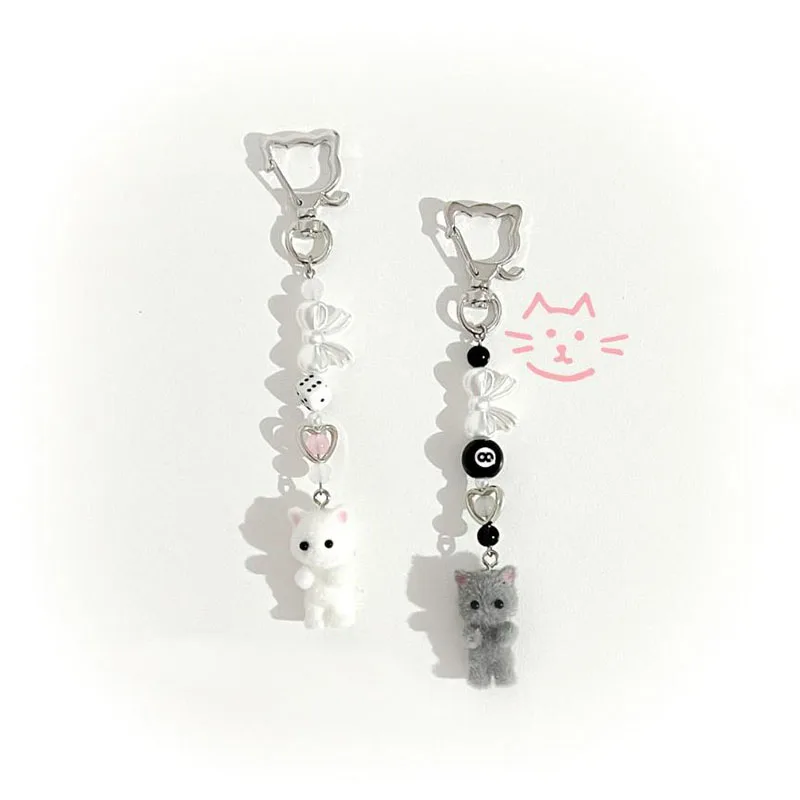Chaveiro de gato peludo feito à mão com contas gatinho y2k moda feminina