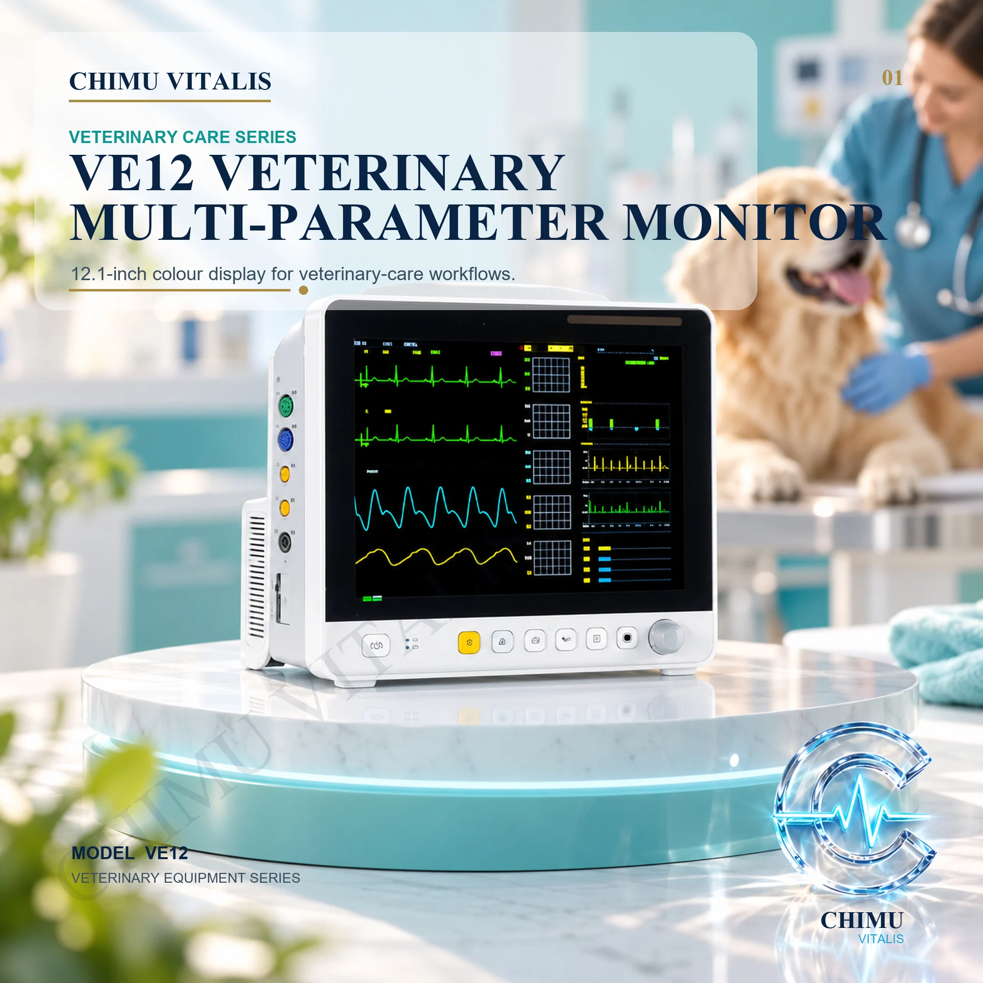 【CHIMU VITALIS】VE12 Veterinary Multi-Parameter Display 12.1 Inch SpO2 NIBP Temperature Pet Care