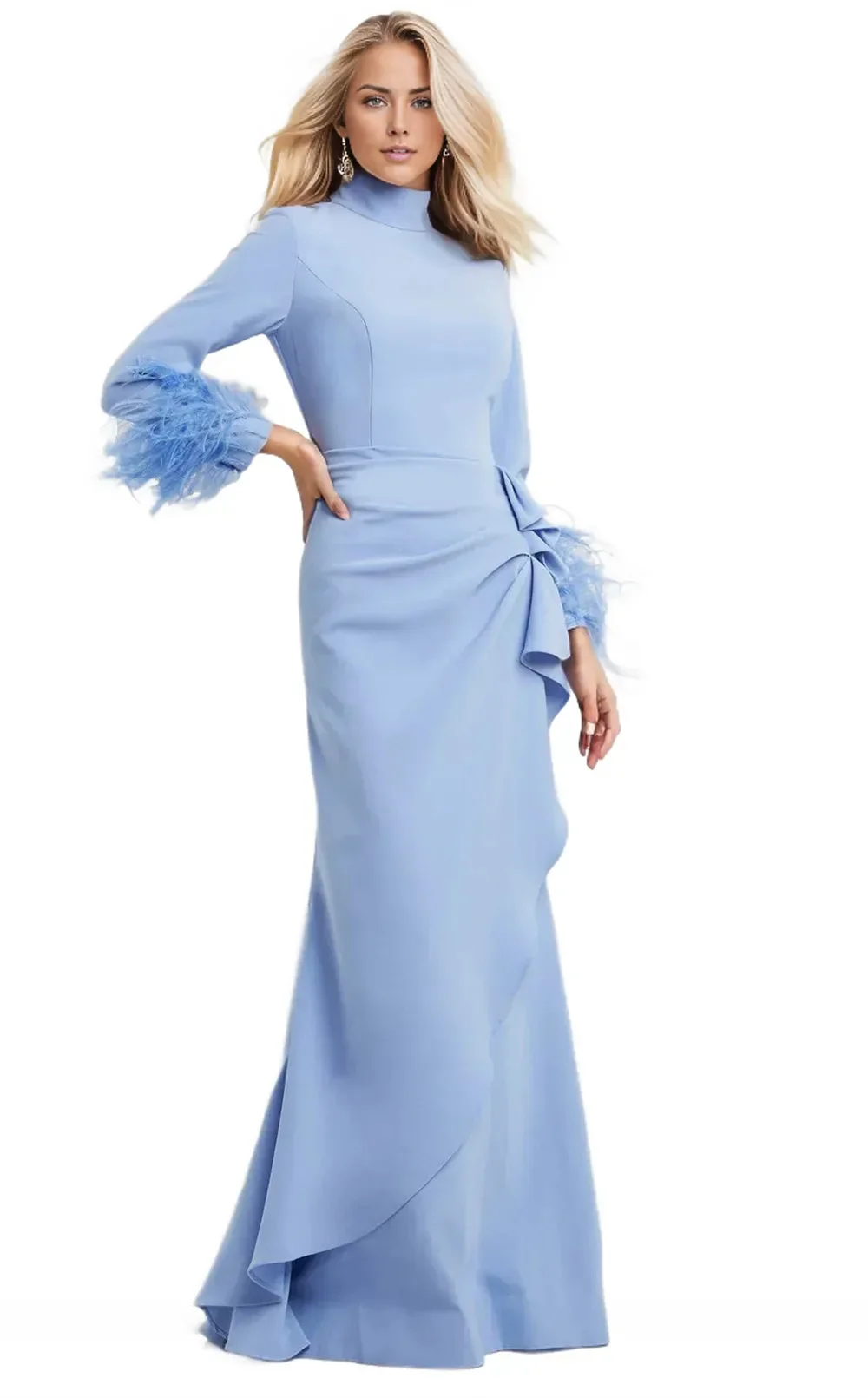 Contessa – robe de soirée personnalisée bleu clair, manches longues, col haut, style sirène, avec poignets en plumes, longueur au sol, robe de bal formelle