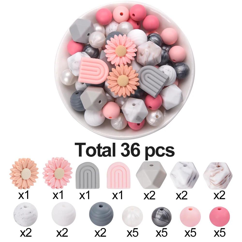 LOFCA 36Pcs silicone sunflower beads round multicolor beads mix silicone beads for DIY keychain necklace jewelry accessories