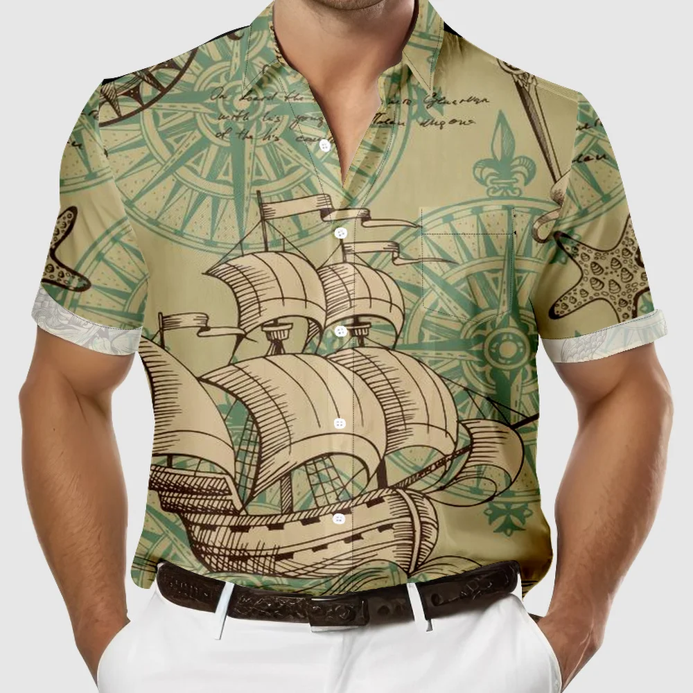 

Men's Casual Short Sleeve Sea Boat Shirt, Men's Shirt For Summer Vacation Resort
