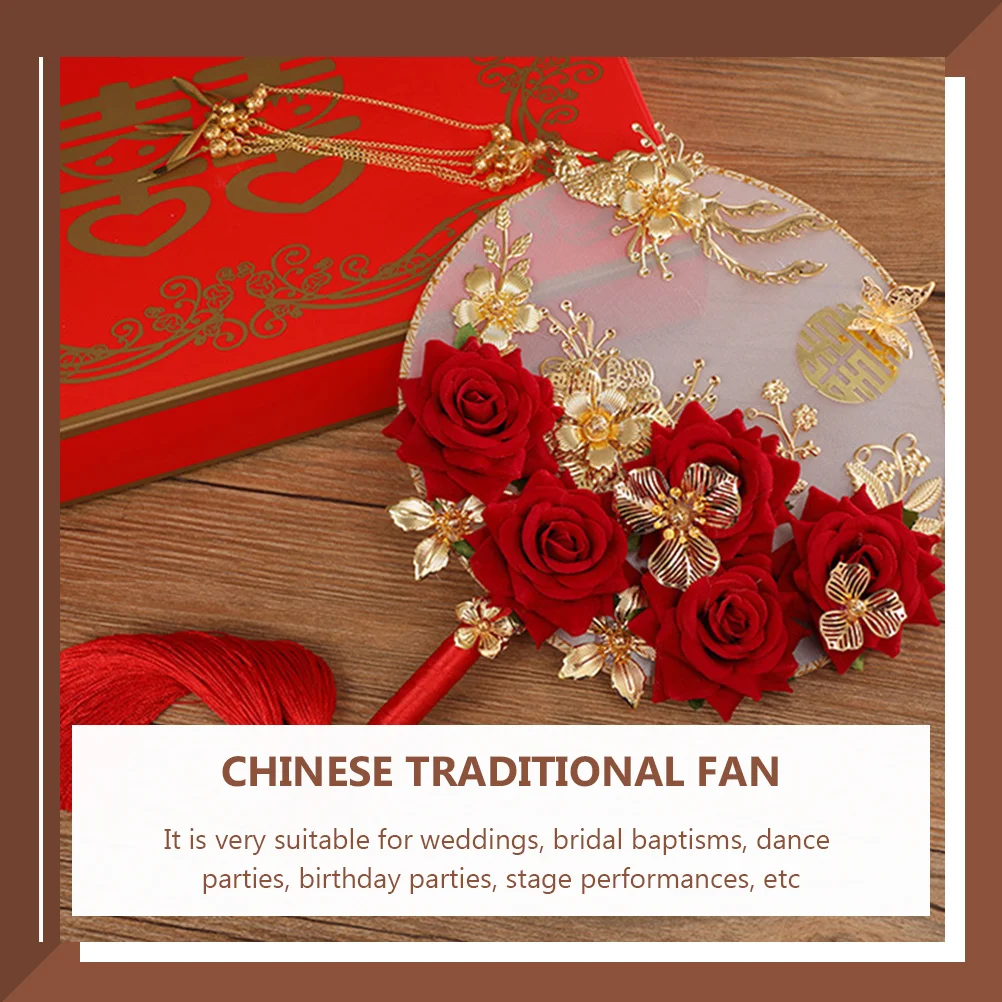 

Chinese Bride Round Fan Silk Flower Alloy Wedding Hand Fan Tassel Photography Props Stage Performance Party Decoration