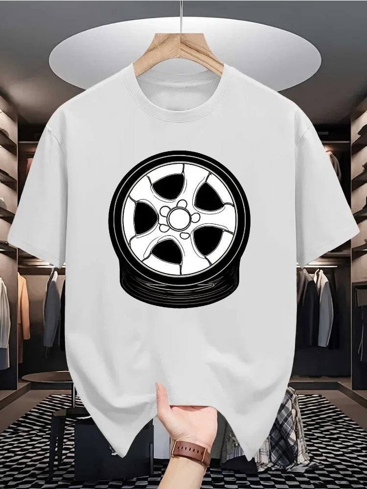 Men Summer Cotton Tee Car Wheel Rim Print Crew Neck Short Sleeve Casual Loose Street Breathable Fashion Top for Auto Lovers