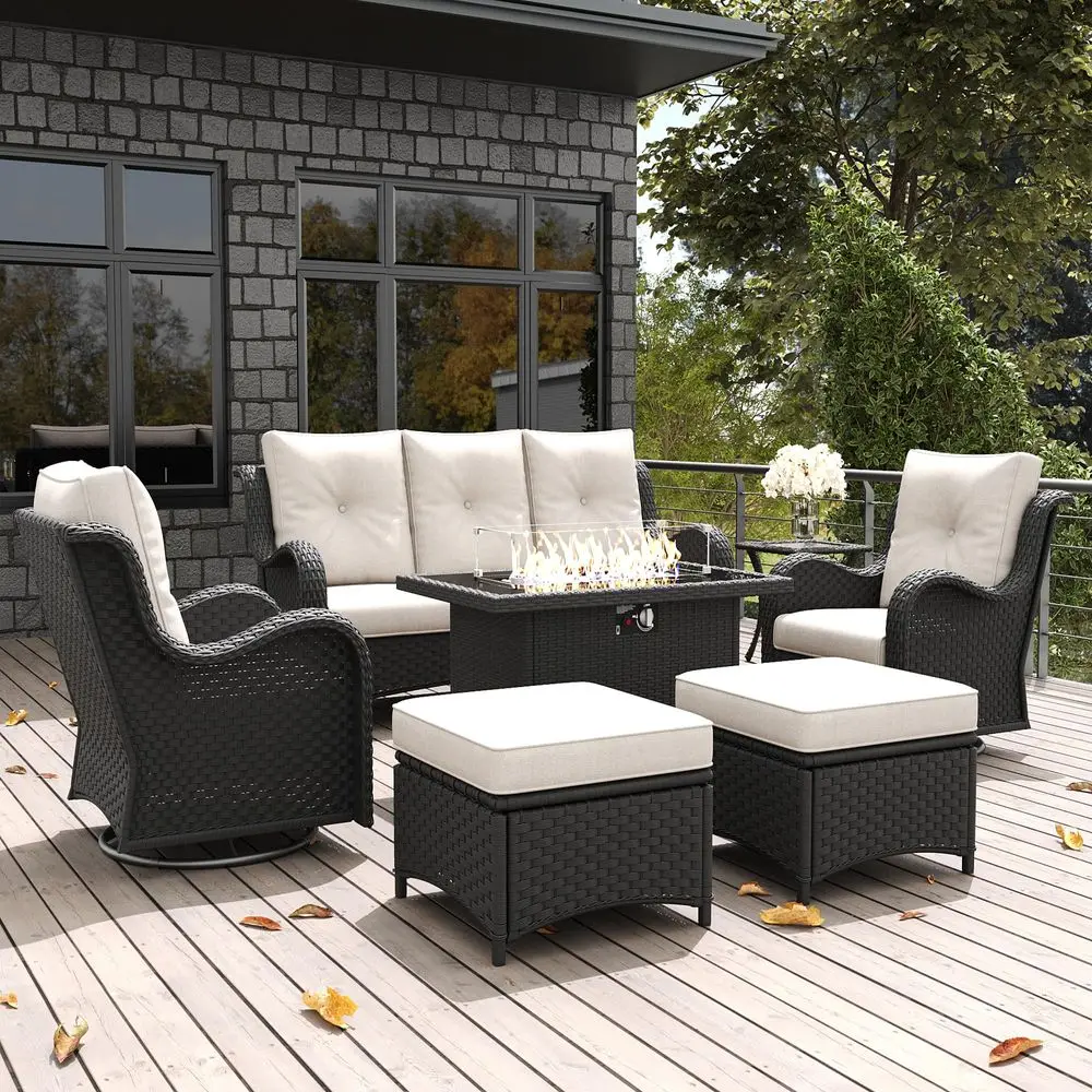 

7 Pieces Outdoor Patio Furniture Set with Fire Pit Table, Rattan Wicker Sectional Swivel Rocker Chairs Sets with Ottomans, Swiv