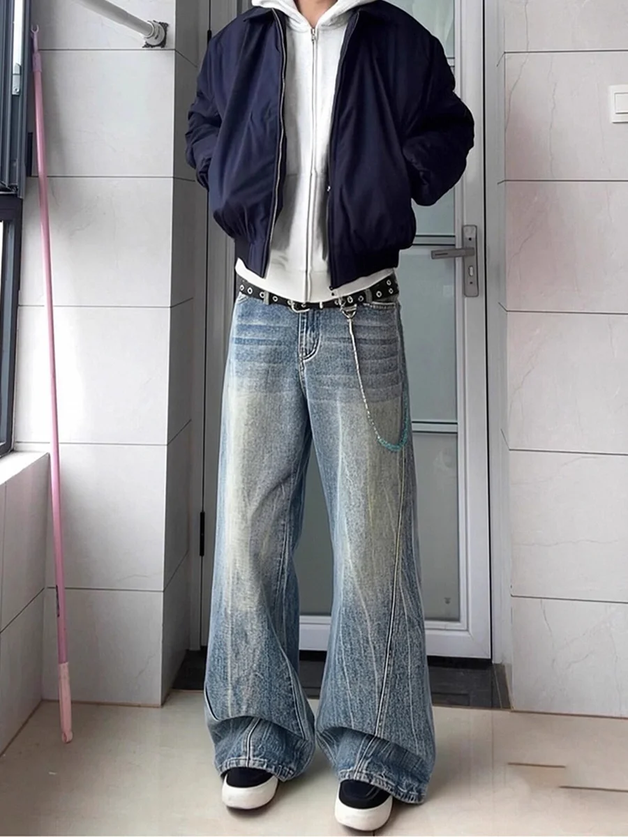 

Blue Lightning Pattern Cowboy Jeans Men's Autumn Winter American High Street Wide Leg Pants Cleanfit Straight Micro Flared Pants