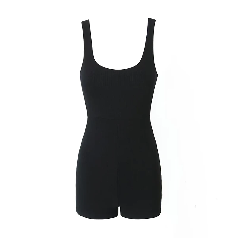 

YENKYE Sexy Women Backless Cross Knitted Jumpsuit Black O Neck Sleeveless Short Rompers Female Vintage Slim Playsuits