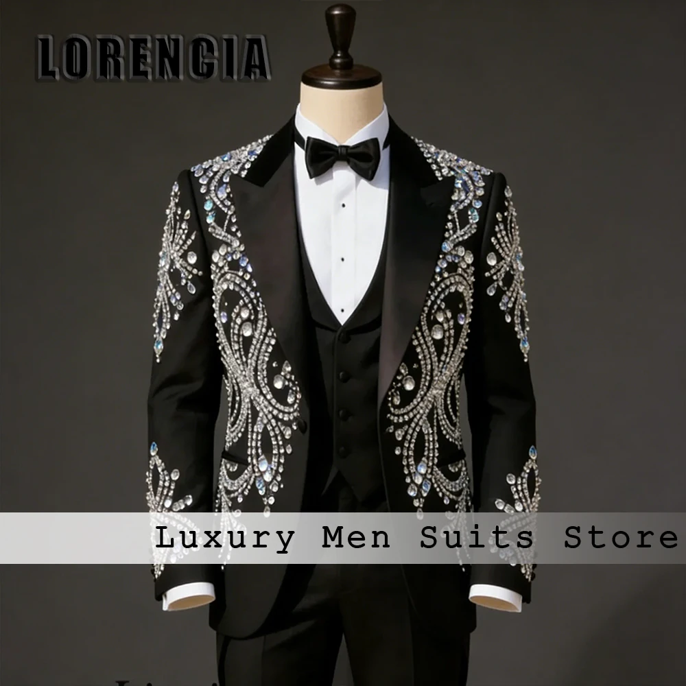 الفاخرة كريستال الذكور الدعاوى 3 قطع الماس العريس البدلات الرسمية مجموعة حفل زفاف الزي مخصص السترة السراويل trajes الفقرة hombre #1