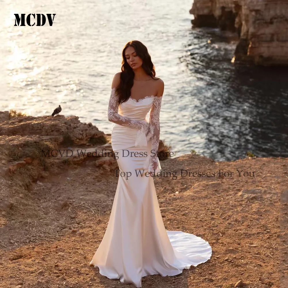 

MCDV Vintage Mermaid Wedding Dresses Bridal Full Sleeve Applique O-Neck Bride Gowms Satin robe de mariée Customized Sweep Train