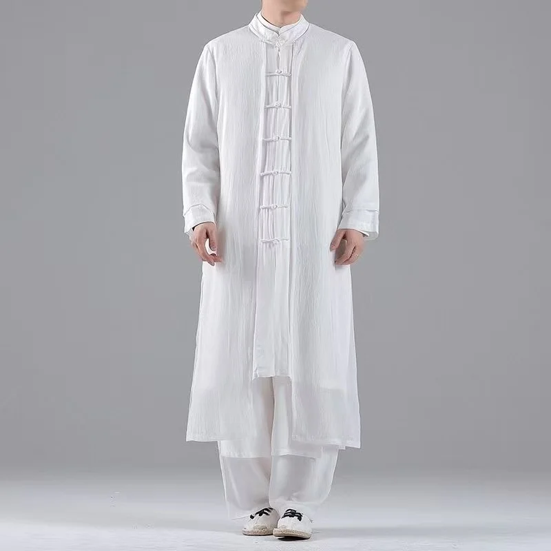 

Vintage Chinese Style Fake Two Long Robe Men's Hanfu Inspired Standing Collar Tang Suits Tai Chi Clothing Mandarin Tops Male