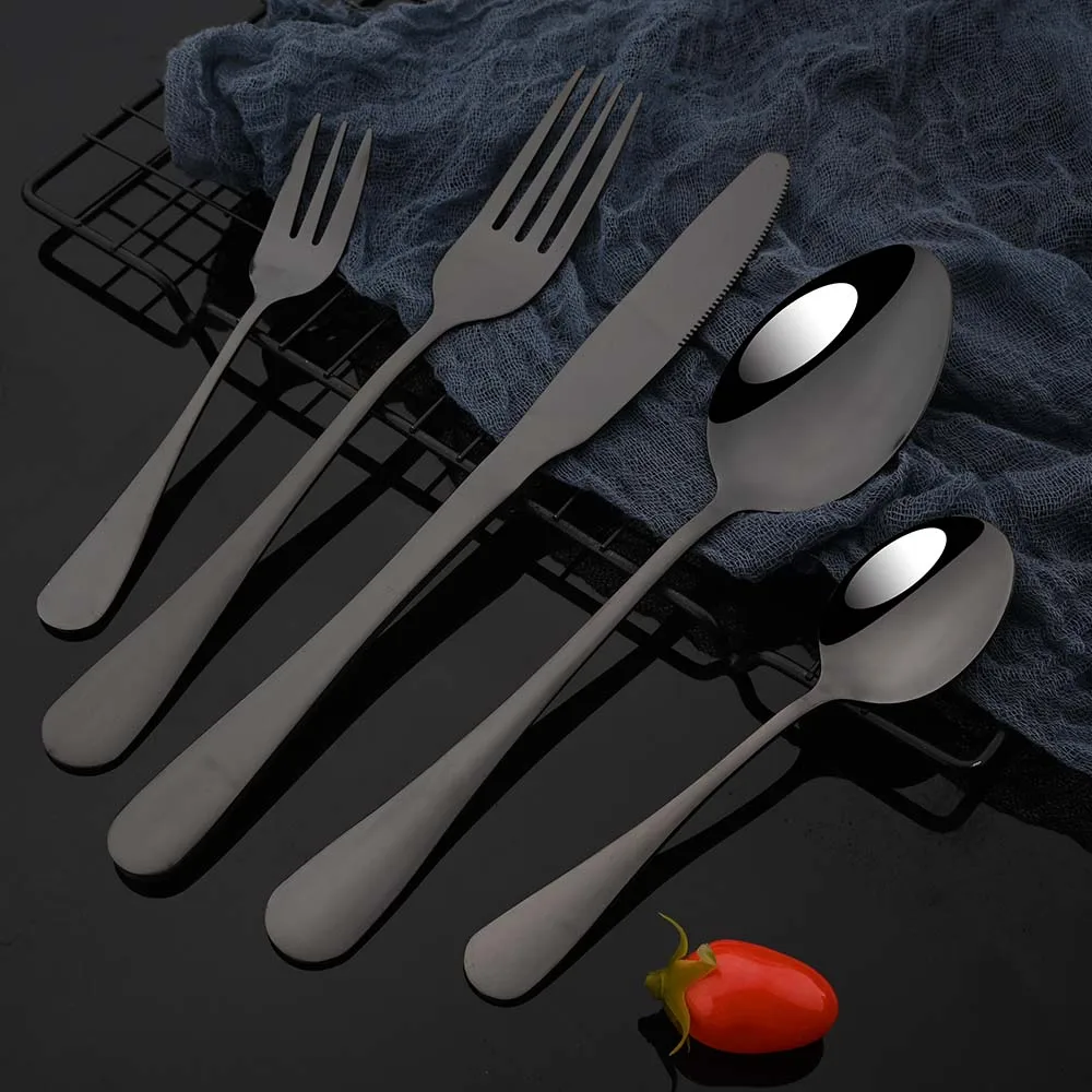 30Pcs Black Dinnerware Stainless Steel Cutlery Set Knife Cake Fork Tea Spoon Straw Flatware Set Kitchen Silverware Tableware Set