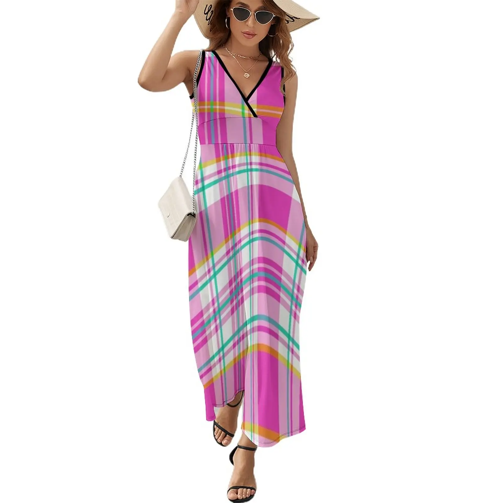 

Pink and Green Plaid Spring Preppy Sleeveless Dress Beachwear wedding dresses for parties