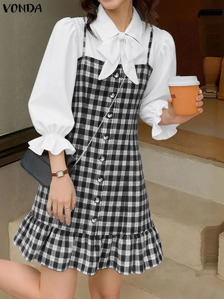 VONDA 보헤미안 짧은 드레스 여름 여성 3/4 퍼프 슬리브 캐주얼 격자 무늬 베스 티드 루즈 라펠 러플 스트리트 패치 워크 파티 로브