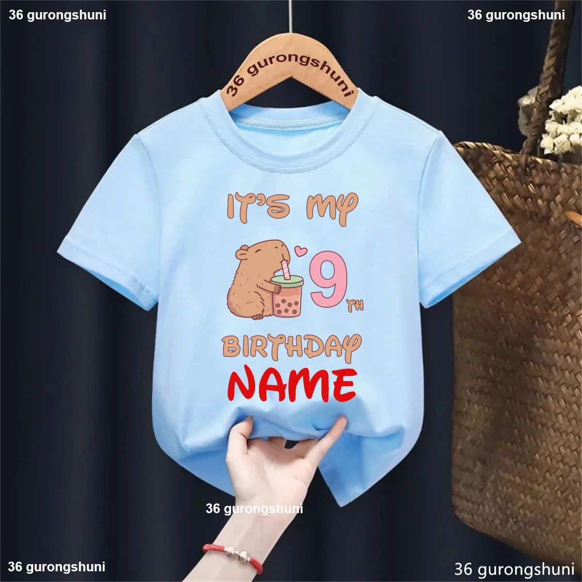 It'S My 9th Birthday Graphic Printed Tshirt For Girls/Boys Custom Name Capybare Love Boba Funny Kids Clothes Solid T-Shirt Tops view 3