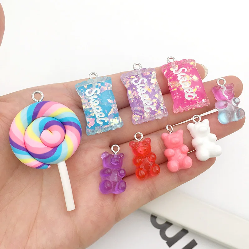 16Pcs Resin Lollipop Gummy Bear Charm For Jewelry Making Necklace Bracelet Earrings Pendant Handmade Accessories Dangle Supplies
