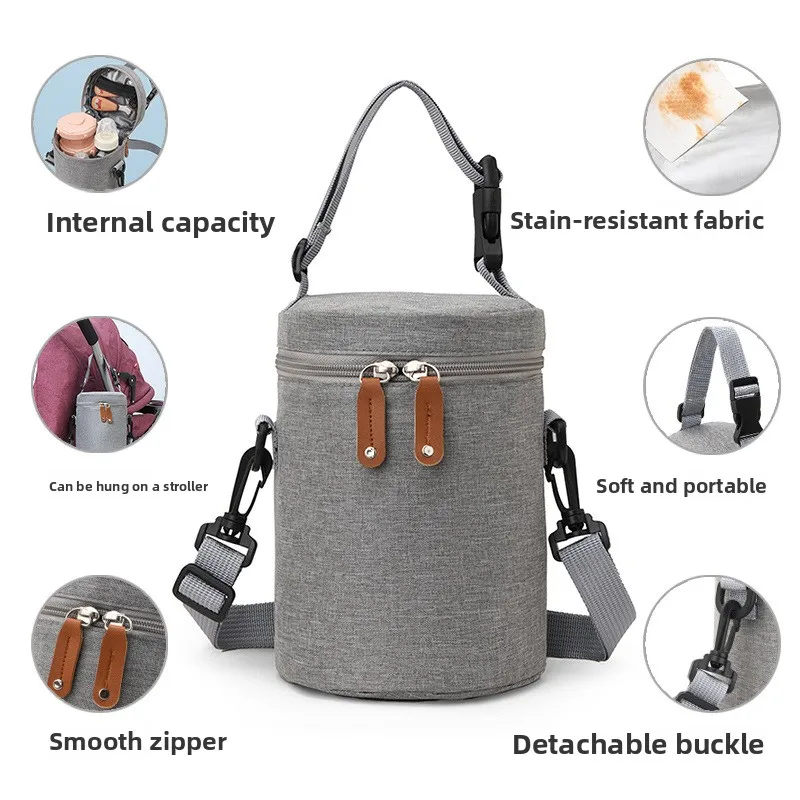 Bucket Style Baby Bottle Cooler Bag  Waterproof Mommy Bag with Thick Alfoil Liner  Portable Stroller Hanging Insulation Pouch
