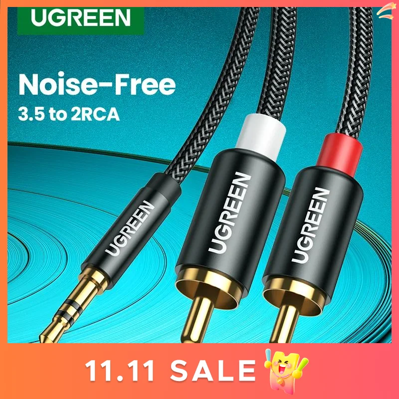 UGREEN-3.5mm 2RCA 케이블 나일론 꼰 오디오 보조 어댑터, 스테레오 Y 분배기 코드 스마트폰 스피커 태블릿 HDTV MP3