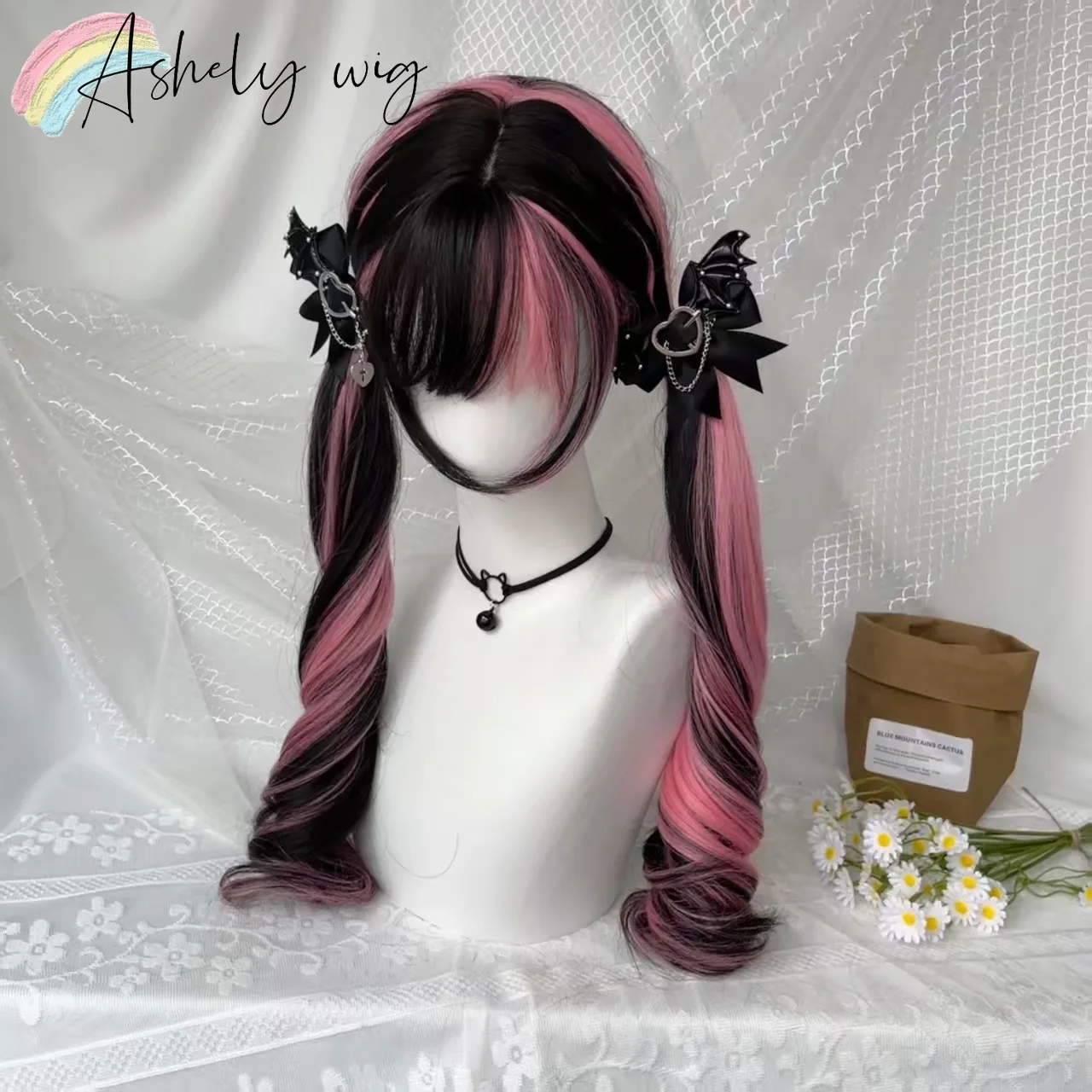 

Ashely Black Wig with Pink Highlights Lolita Long Curly Hair Wig Niche Subculture Headband Wigs with Bangs Cosplay Machine Wigs