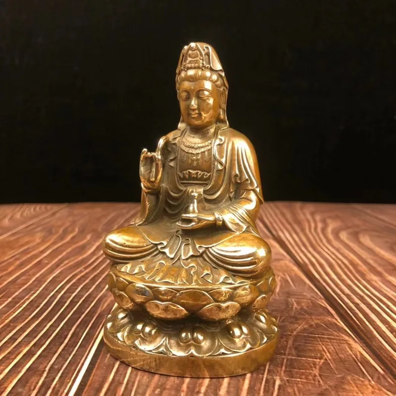 Antique-style brass ornament, willow branch Guanyin with lotus, suitable for car, desktop, home decor, Feng Shui, Chines