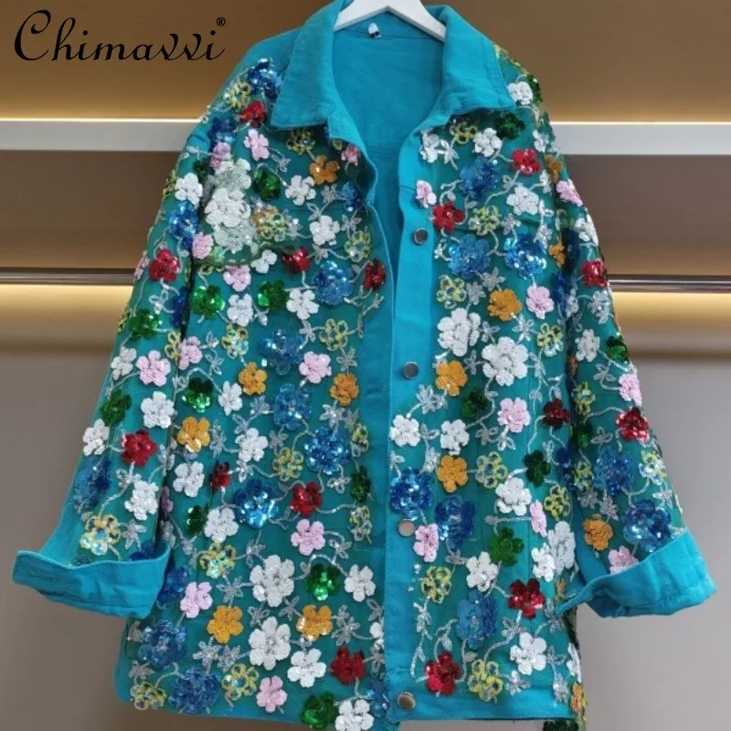 

2024 Autumn Thailand New Heavy Industry Diamond-encrusted Flowers Age-reducing Loose High-end Top Denim Jacket For Women