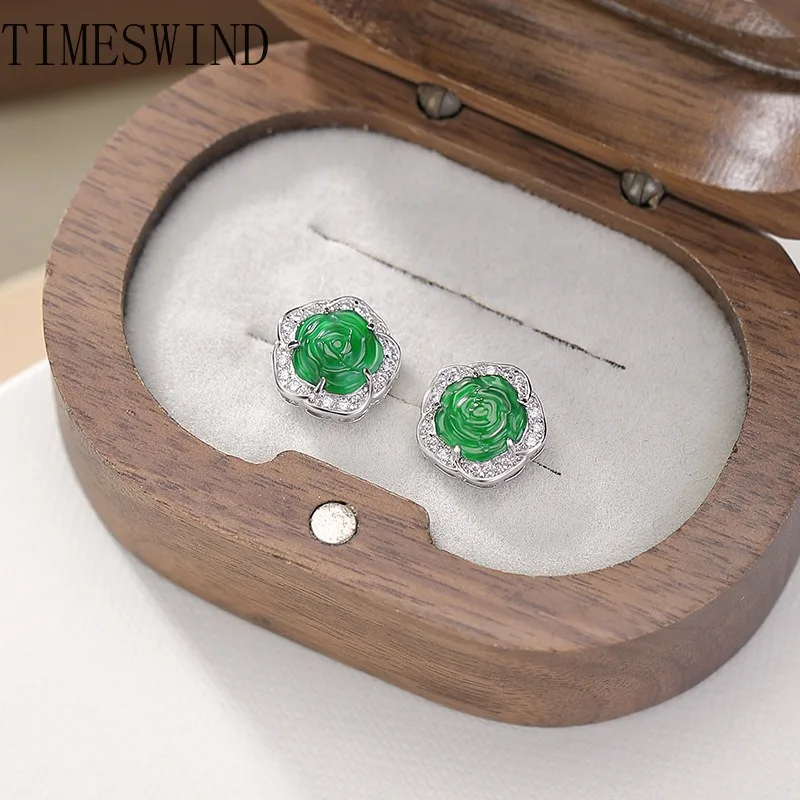 

TIMESWIND оригинальные женские серьги трапециевидной формы с нефритом зеленой натуральной розой и полным цирконом S925, модные украшения с сертификатом