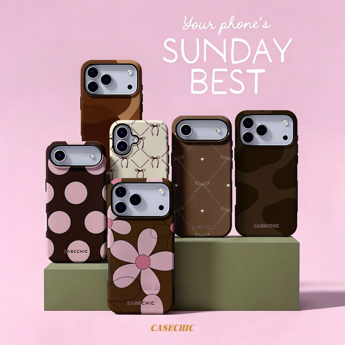 Phone Cases Brown - Bruine basis roze daisy voor 2-in-1