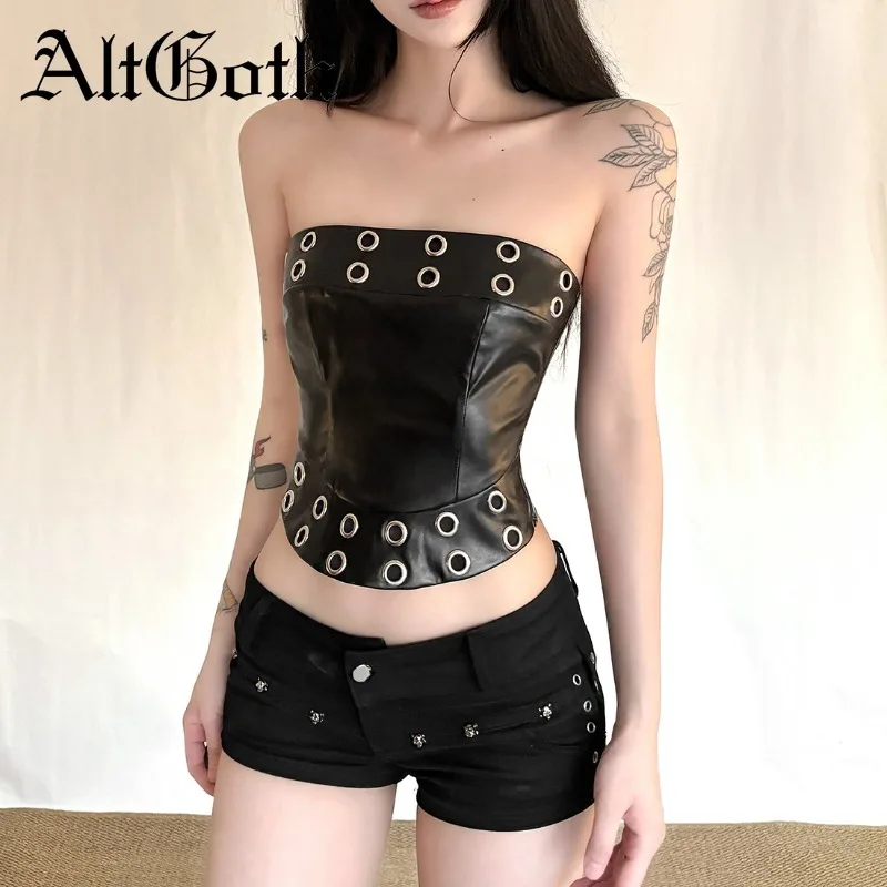 

Женский укороченный топ без бретелек AltGoth Harajuku Streetwear Cyber Punk из искусственной кожи, винтажный, сексуальный, в стиле Dark Goth Y2K E-girl, с люверсами и пэчворком